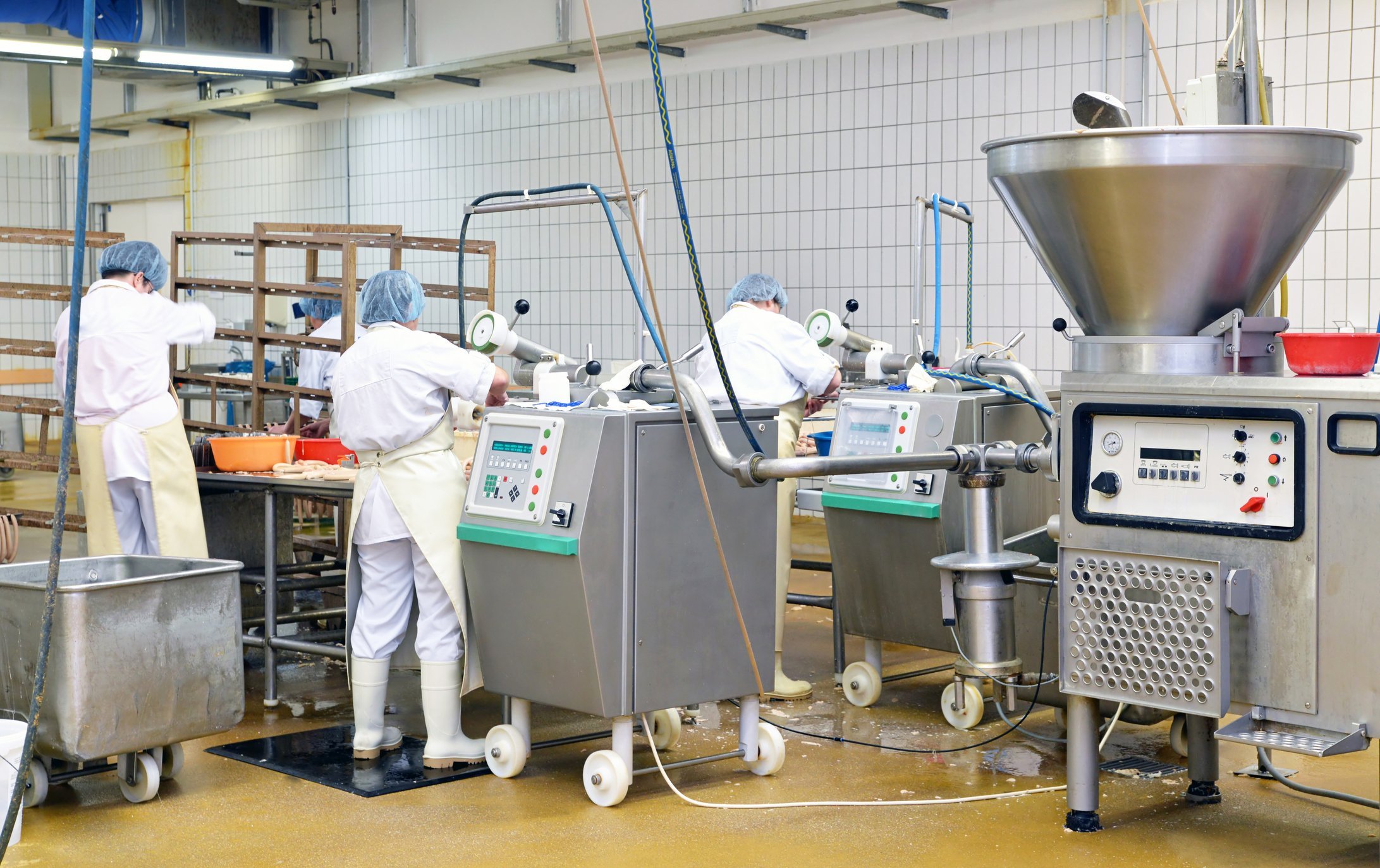 food industry workplace - butchery factory for the production of sausages - women working on the assembly line